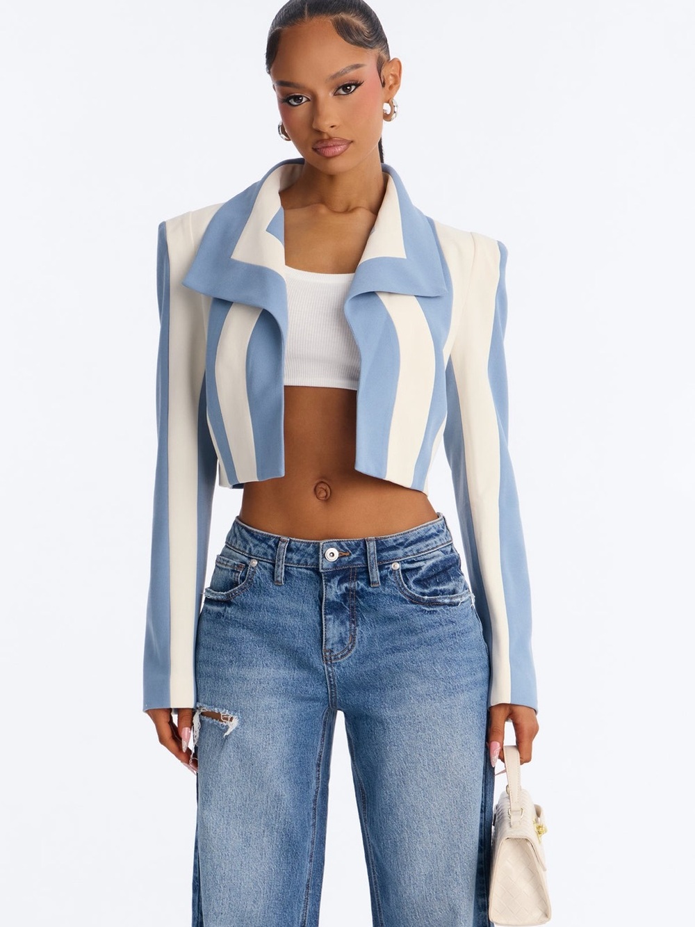 Fashion Nova Blue & Cream Striped Cropped Blazer